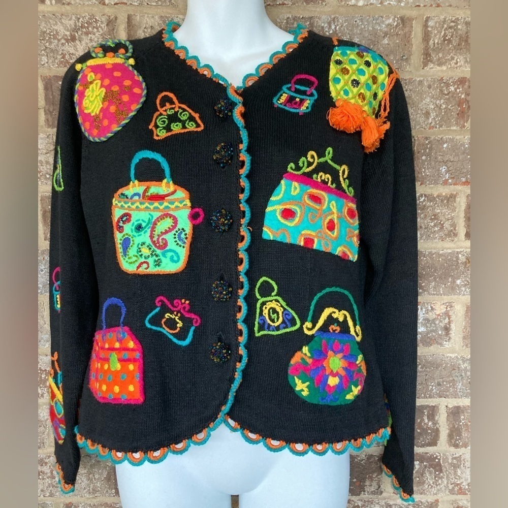 Vintage 1994 Michael Simon multi color crochet patch sweater Size S Purses